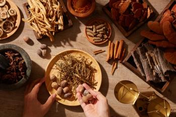 Traditional chinese medicinal herbs on table