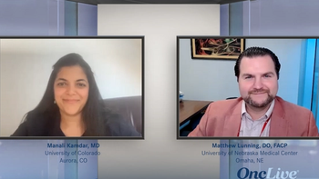 Manali Kamdar, MD, and Matthew Lunning, DO, FACP, smiling at camera.