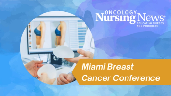 Graphic with a photo of a clinician and patient discussing implant options, with the Oncology Nursing News logo and a banner that reads "Grief in Oncology"