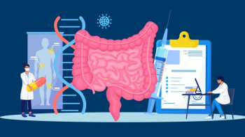illustration of the gastrointestinal tract with people in lab coats around the drawing