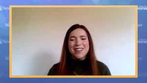 Screenshot of Kiah Purcell, MSN, AGPCNP-BC, in a video call with the frame surrounded by an Oncology Nursing News branded border