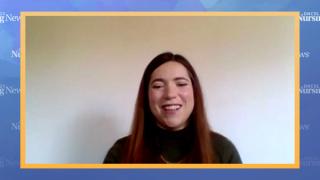 Screenshot of Kiah Purcell, MSN, AGPCNP-BC, in a video call with the frame surrounded by an Oncology Nursing News branded border