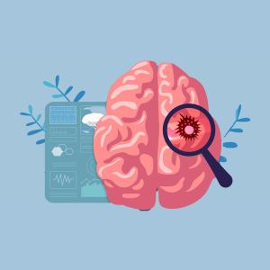 Illustration of a brain with a magnifying glass showing a tumor. Behind the brain is a medical chart.