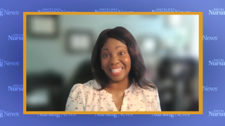 Image of Jessie Desir, PhD, RN, AMB-BC, OCN, in a video call with a blue and gold Oncology Nursing News border surrounding the frame.