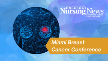 Graphic with a banner that says "Miami Breast Cancer Conference," an Oncology Nursing News logo, and an image of a breast tumor with a banner that says "Miami Breast Cancer Conference" and an Oncology Nursing News logo
