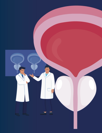 illustration of a bladder with two doctors in lab coats standing next to it
