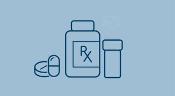Dark blue line illustration on a light blue background of two prescription bottles next to two pills