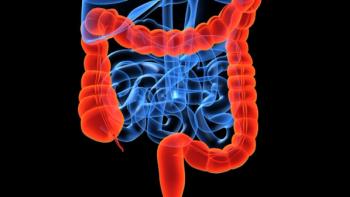 Image with a black background of a blue gastrointestinal tract with the colon highlighted in bright red.