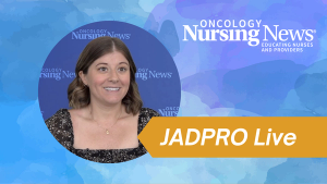 Graphic featuring a woman with shoulder-length hair highlighted in an Oncology Nursing News-branded background