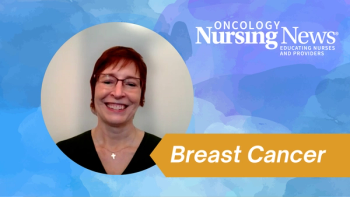 Image of a woman with red hair with an Oncology Nursing News logo and a banner that says "breast cancer"