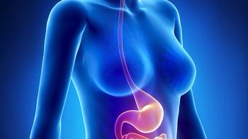 Blue image of a person with the esophagus and stomach highlighted in orange
