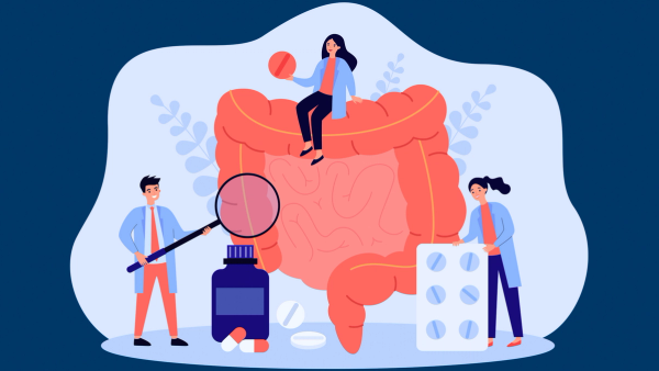 Illustration of a GI tract with clinicians making observations