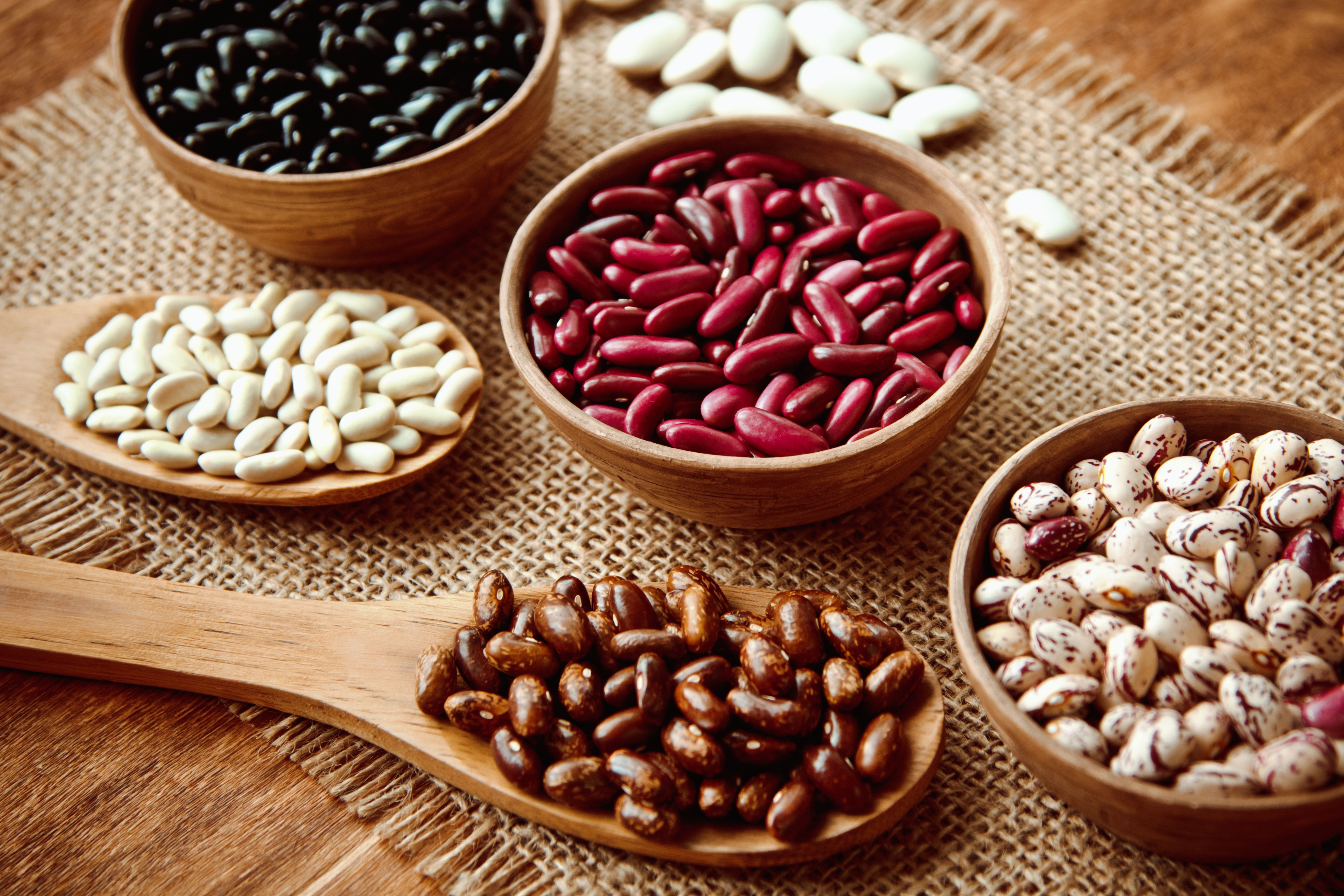 Beautiful multi-colored beans in bowls and wooden spoons on a background of burlap | Image Credit: © mikhail_kayl - stock.adobe.com