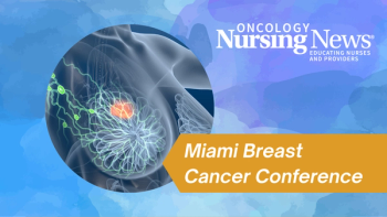 Graphic of a person with a breast tumor with a banner that says "Miami Breast Cancer Conference" and an Oncology Nursing News logo