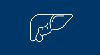 Simple line illustration of a liver on a dark blue background