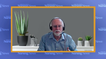 Screen capture of Seth Eisenberg, ASN, RN, OCN, BMTCN, on a video call with an Oncology Nursing News branded border around the frame