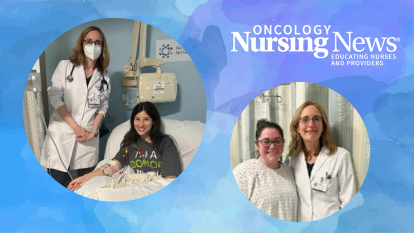 Graphic featuring photos of Julie Zgola and Emily Coiro donating stem cells