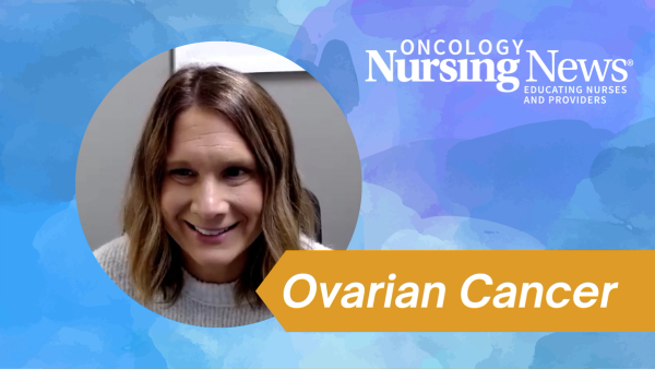 Graphic with a photo of Courtney Arn with the Oncoloy Nursing News logo and a banner that reads "Ovarian Cancer"