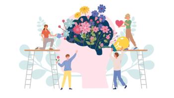 Teamwork of people recovery a brain with beautiful flowers and good heart and positive thinking. Concept for wellness of mental health and mindfulness in depression and mental illness: © nateejindakum - stock.adobe.com