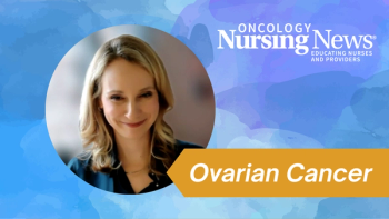 Graphic with a photo of Emese Zsiros with a banner reading "Ovarian Cancer" and an Oncology Nursing News logo