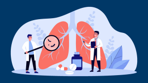 illustration of two people in white coats investigating a large illustrated pair of lungs