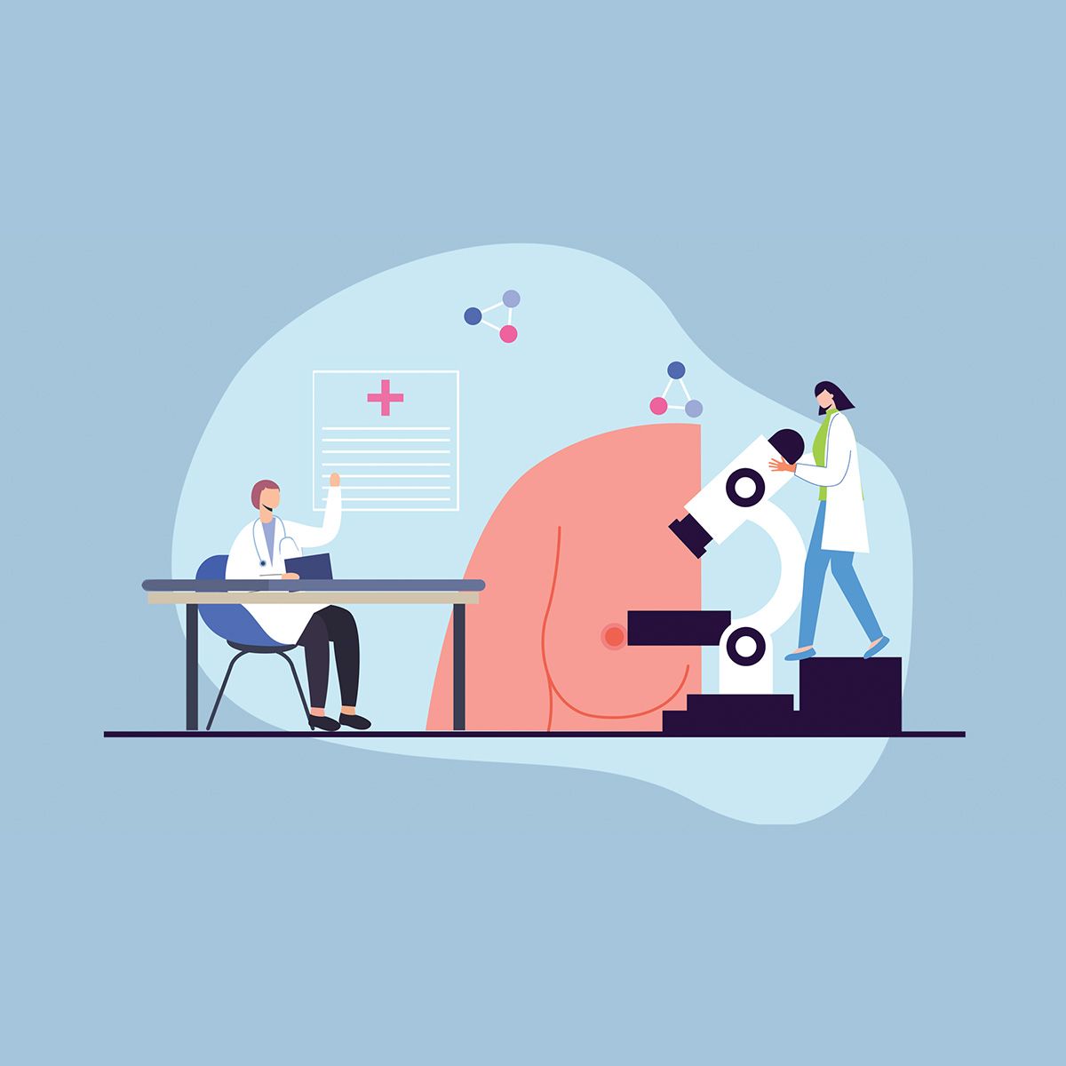 Icon of a breast with various clinicians using medical equipment