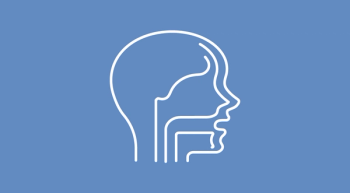 White line illustration of the head and neck, including the nasal cavity and throat, on a cornflower blue background