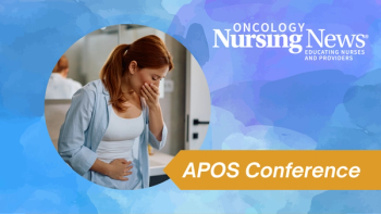 Graphic with a photo of a young women holding her mouth and abdomen. The graphic features the Oncology Nursing News logo and a banner that reads "APOS Conference"