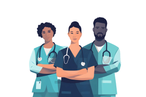 Flat vector illustration portrait nurses and doctors at hospital proud empowered and excited about medical collaboration face healthcare and health expert team united for innovation teamwork and suppo © VIX - stock.adobe.com