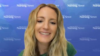 Image of a woman with blond hair wearing a green shirt in front of an Oncology Nursing News background