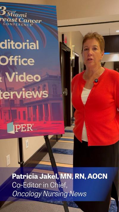 Screenshot of a short video featuring Patricia Jakel, MN, RN, AOCN