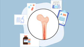 an illustration of a bone with circles around it indicating a microscope, test tubes and prescriptions