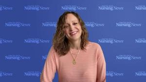 Image of a woman with wavy brown hair in front of a blue Oncology Nursing News background