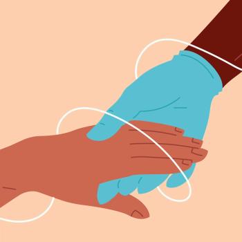 Illustration of a nurse's gloved hand holding a patient's hand with a line connecting the hands