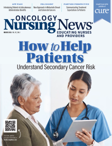 a magazine cover of a patient with a nurse having a discussion about secondary cancer risk