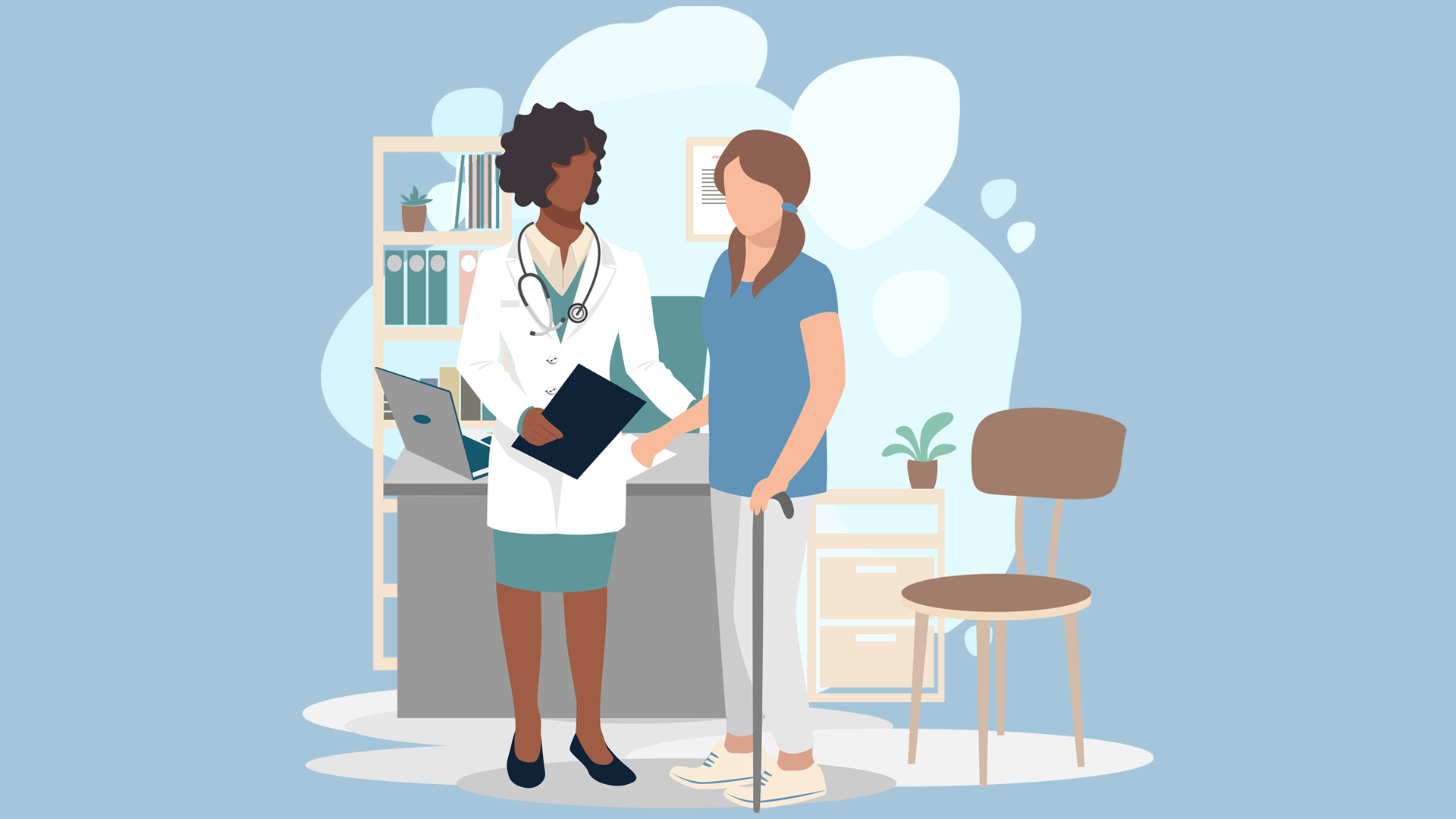 nurse talking  to a woman with a walker, educating her on CAR T-cell therapy side effects