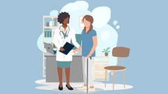 nurse talking to a woman with a walker, educating her on CAR T-cell therapy side effects