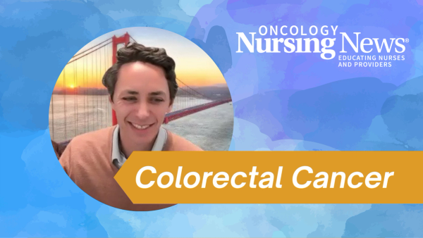 Graphic with an image of Gabriel Schwartz with a banner that reads "colorectal cancer" and an Oncology Nursing News logo