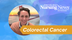Graphic with an image of Gabriel Schwartz with a banner that reads "colorectal cancer" and an Oncology Nursing News logo