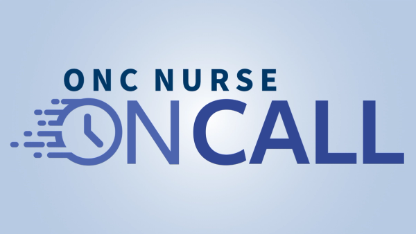 Graphic that reads "Onc Nurse On Call" with an illustration of a fast-moving clock substituting the O in "On"