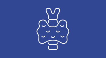 Simple line illustration of a thyroid against a dark blue background