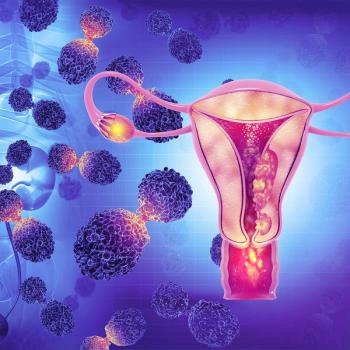 Graphic depicting the female reproductive system with cancer cells surrounding