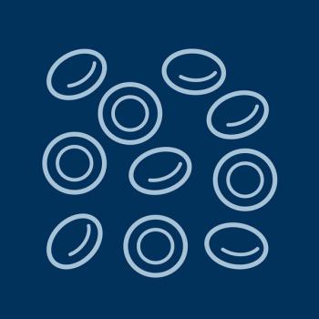 Light blue line illustration of blood cells on a dark blue background