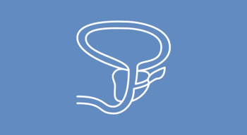 Blue line illustration of the bladder and prostate on a blue background
