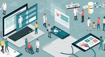 Illustration of small patient and provider characters surrounded by larger technology devices with medical information coming off of the screens and other medical props nearby