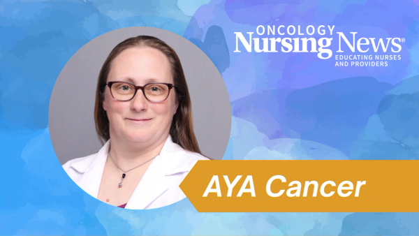Graphic with an image of Danielle Blair next to a banner that says "AYA Cancer" and an Oncology Nursing News logo
