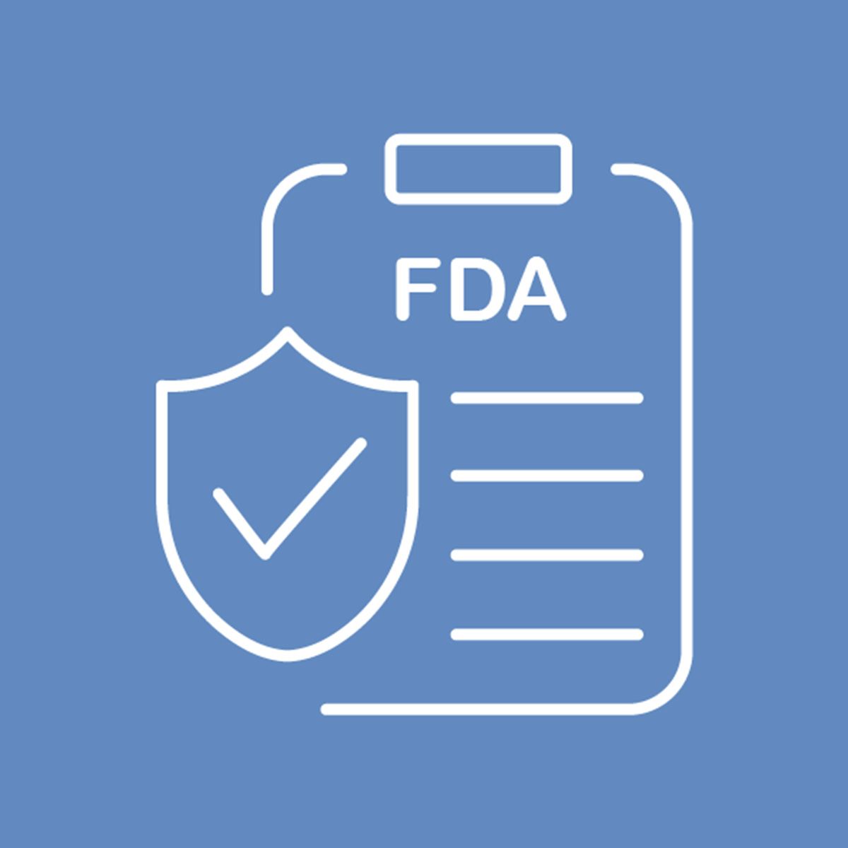 Line illustration of a clipboard that says "FDA" with an approval mark in front on a cornflower blue background