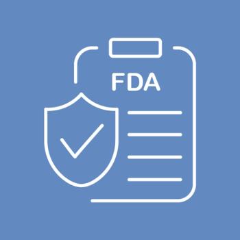 Line illustration of a clipboard that says "FDA" with an approval mark in front on a cornflower blue background