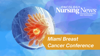 Graphic with a banner that says "Miami Breast Cancer Conference," an Oncology Nursing News logo, and an image of a breast tumor with a banner that says "Miami Breast Cancer Conference" and an Oncology Nursing News logo