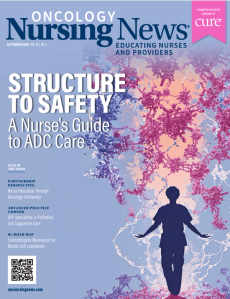 Magazine cover of nurse walking out of pink and purple cell structure